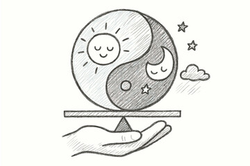 Obraz premium Hand drawn yin yang with sun and moon balancing on a hand
