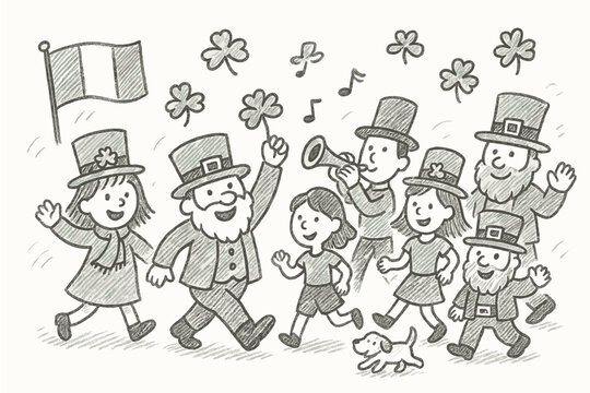 Cheerful parade with leprechauns and shamrocks in sketch style