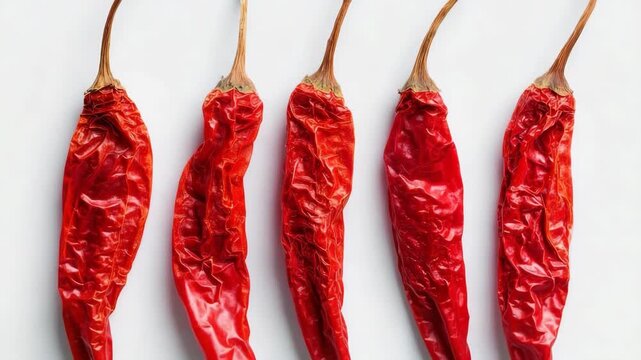 Five dried red chili peppers with wrinkled texture, natural photography style, placed on a clean white background, concept of spice and heat