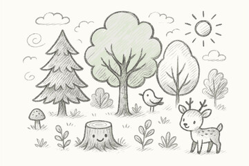 Fototapeta premium Charming woodland scene with cute deer and trees in pencil sketch style