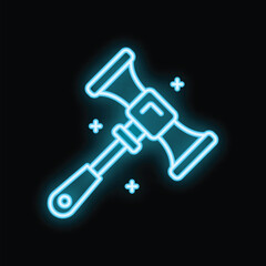 Blue neon sign representing a double sided hand air pump inflating object with blue glowing on a black background