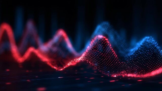 Digital particle wave in red and blue tones, abstract style, dark gradient backdrop, concept of data visualization and technology motion