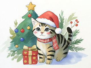 Cute Tabby Kitten Celebrating Christmas with a Santa Hat and Gift
