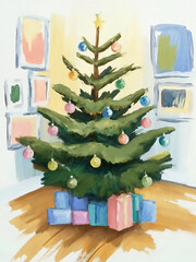 Cozy Christmas Tree with Presents and Ornaments