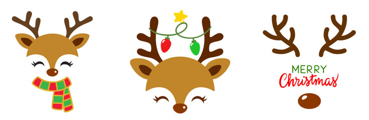 Christmas Reindeer Faces Set — Cute Rudolph Antlers, Holiday Nose