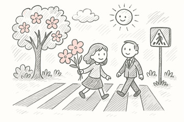 Charming doodle of a happy couple crossing the street with flowers and sun