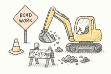 Naklejka premium Hand drawn construction site with excavator and road signs