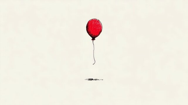 Hand-drawn red balloon with string casting a shadow, sketch style on plain light background, symbolizing freedom and simplicity
