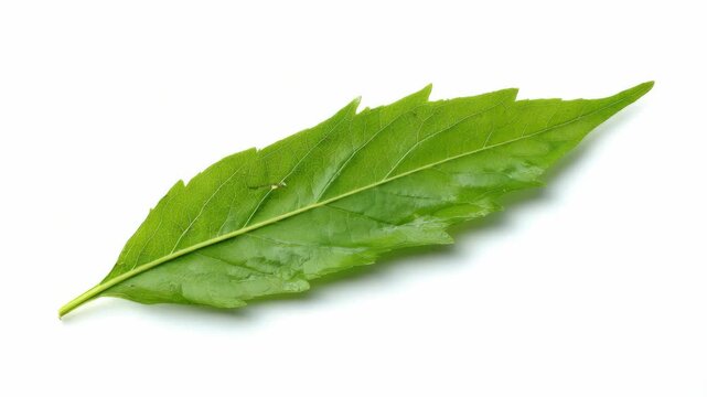 A single vibrant green leaf with visible veins shown in natural style on white background, emphasizing organic structure and botanical detail