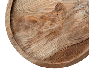 Round wooden surface is cut out and positioned on a white background. The top is shown without any items on it, highlighting its natural appearance and texture