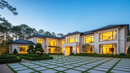 Luxury Modern U-Shaped Mansion with Manicured Gardens, Glass Facade  Elegant Driveway