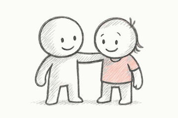 Friendly pencil sketch of simple figures embracing in casual clothing