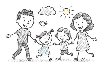 Happy family sketch drawing with kids playing under the sun