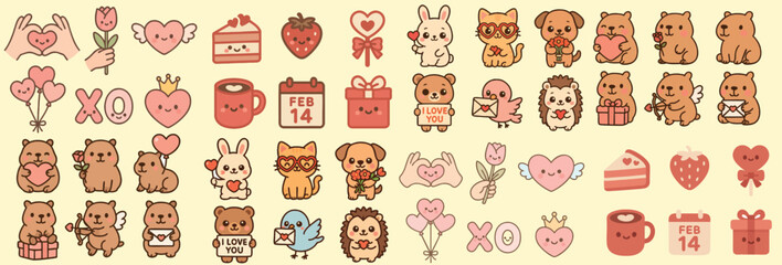 Whimsical kids doodle sticker sheet with kawaii animals holding hearts and gifts, pastel flat vector close up, february 14 cake roses