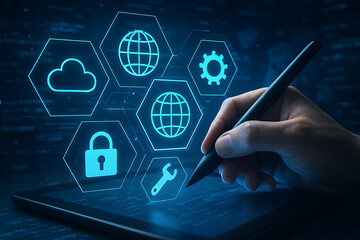 Digital interface with business professional using tablet holographic icons representing global network settings connectivity and security