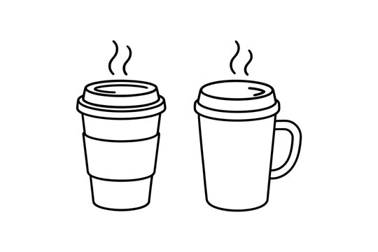 Minimalist line art coffee cups with steam on white background