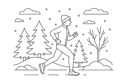 Winter jogging in the park: line art style depicting outdoor fitness in snowy forest