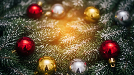 Christmas Ornament Balls Hanging on Pine Tree Branches with Warm Light Glow in Festive Indoor Setting
