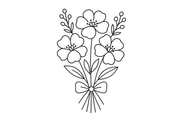 Elegant floral bouquet outline art with delicate bow and leaves