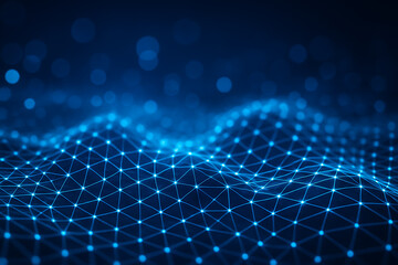 Futuristic glowing digital network with interconnected nodes flowing data and wave patterns representing virtual communication technology system