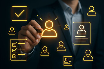 Futuristic human resources system with glowing digital candidate profiles recruitment innovation and virtual hiring technology for employee management