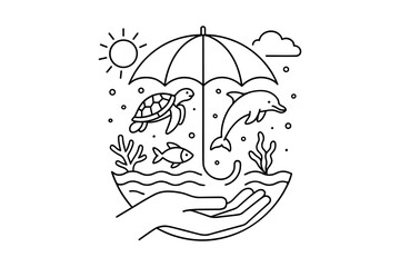 Fototapeta premium Marine life conservation with dolphin and turtle under umbrella in linear design