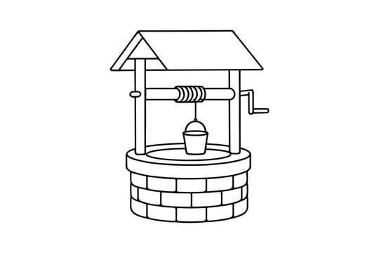 Outline of a traditional water well with roof and bucket in black and white