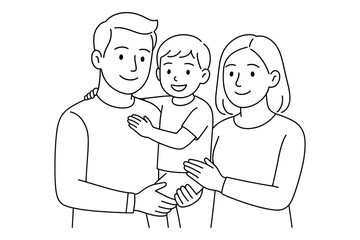 Happy family portrait in linear style with parents and child embracing