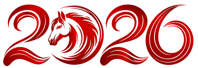 2026 Year of the Horse – Red Metallic Gradient Zodiac Horse  with Strong Mane Typography