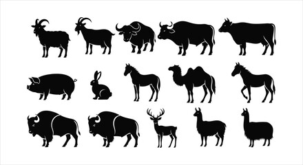 Collection of black silhouettes of various wild and domesticated animals.