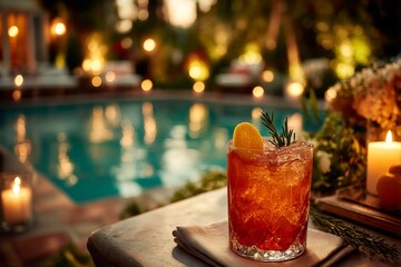 an elegant cocktail on a table in a garden serene summer night by the pool