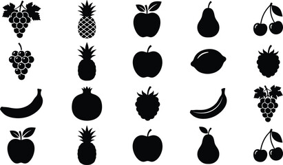 Grapes, Pineapple, Apple, Pear, Banana, Pomegranate, Raspberry, Lemon, and Cherry Black Icons