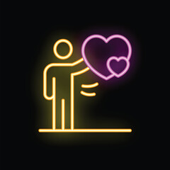 Neon sign of a man holding a heart with a smaller heart inside, representing love, care, and affection
