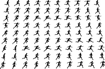 Massive Set of Black Male Running Silhouettes in Sprinting Action Poses for Marathon, Fitness, Training, and Athletic Race Vector