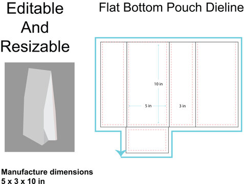 Flat Bottom Pouch Dieline With Dimensions And Sample packaging template