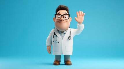 Cartoon Doctor Character Waves in a Clean Medical Setting With Empty Space for Design Use
