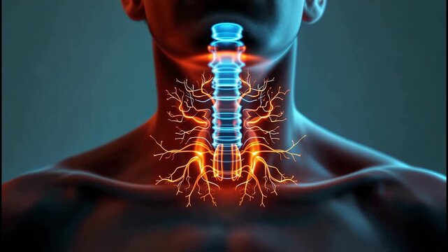 Anatomical animation of the human larynx and nerves with blue and orange illumination