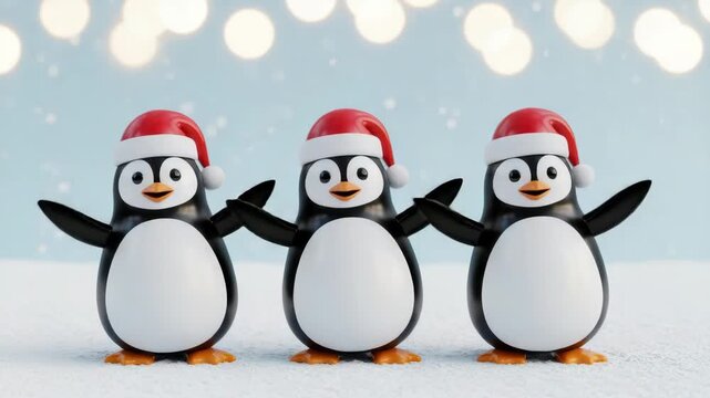 Festive Penguins in Winter Wonderland: Three adorable penguins adorned in holiday hats dance in a whimsical winter scene, with soft bokeh lights adding a touch of enchantment.