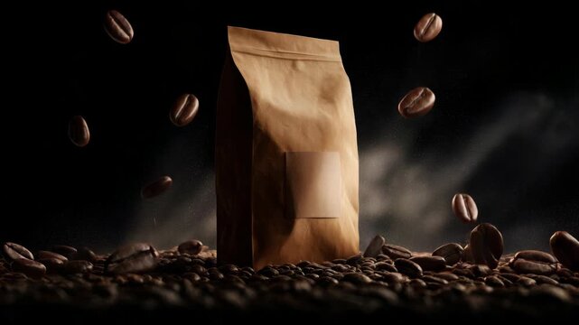 Brown kraft paper coffee bag standing on roasted beans with beans falling around, dramatic lighting, dark smoky background, concept of packaging