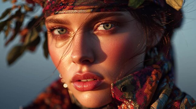 Closeup portrait of a woman with autumnal headband and colorful jacket in sunlight