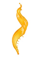 Fototapeta premium Golden liquid splash forming an abstract swirl on white background, symbolizing energy, oil or juice flow, ideal for advertising, branding, packaging design or creative projects.