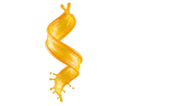 Golden liquid splash forming an abstract swirl on white background, symbolizing energy, oil or juice flow, ideal for advertising, branding, packaging design or creative projects.