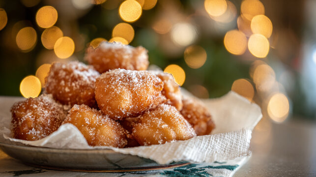 Traditional fried dough balls (Bu&ntilde;uelos or Castagnole) with powdered sugar, festive Christmas background