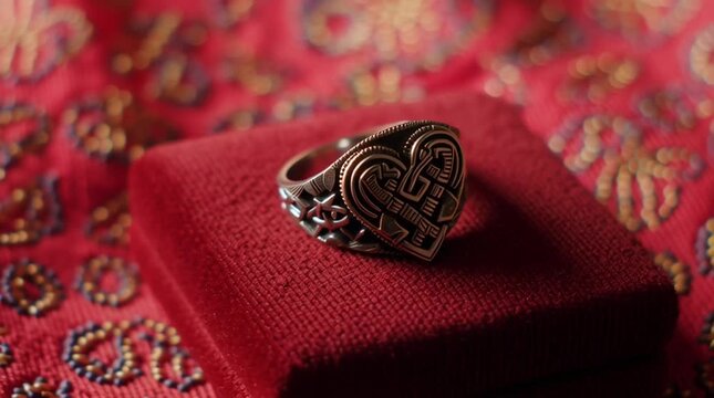 Silver viking knotwork heart ring on red velvet display