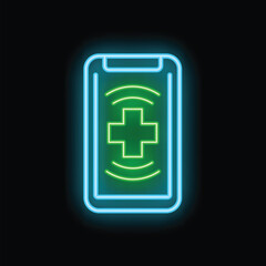 Obraz premium Neon glowing icon of a smartphone showing a green cross and signal waves, representing online medical services