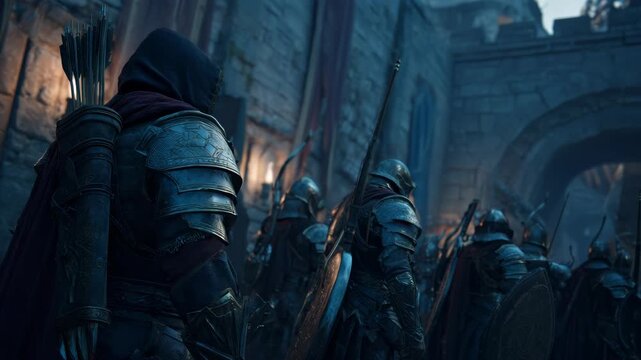 Hooded archer with armored soldiers in medieval gear inside stone fortress, cinematic style, dark moody backdrop, concept of battle prep