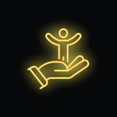 Yellow neon sign of a hand holding a happy person with open arms on a black background