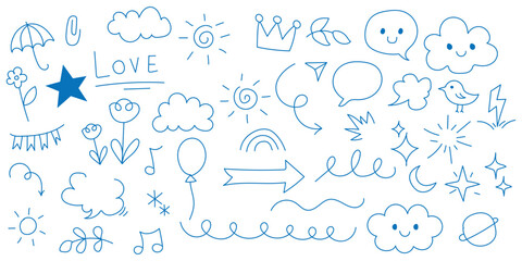 hand drawn doodle elements collection.  vector illustration with speech bubbles, arrows, stars, hearts and decorative lines on white background.