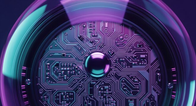 Futuristic microchip core inside glowing circular module, artificial intelligence and high tech processor concept illustration