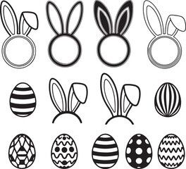 Obraz premium Easter Bunny Ears and Egg Outline Icon Set for Spring Crafts, Stickers, and Designs